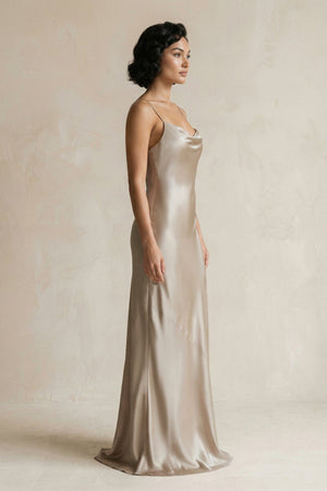 Cami Strap Sheath Satin Bridesmaid Dress in Almond - SHE IS ME Bridesmaid Dresses