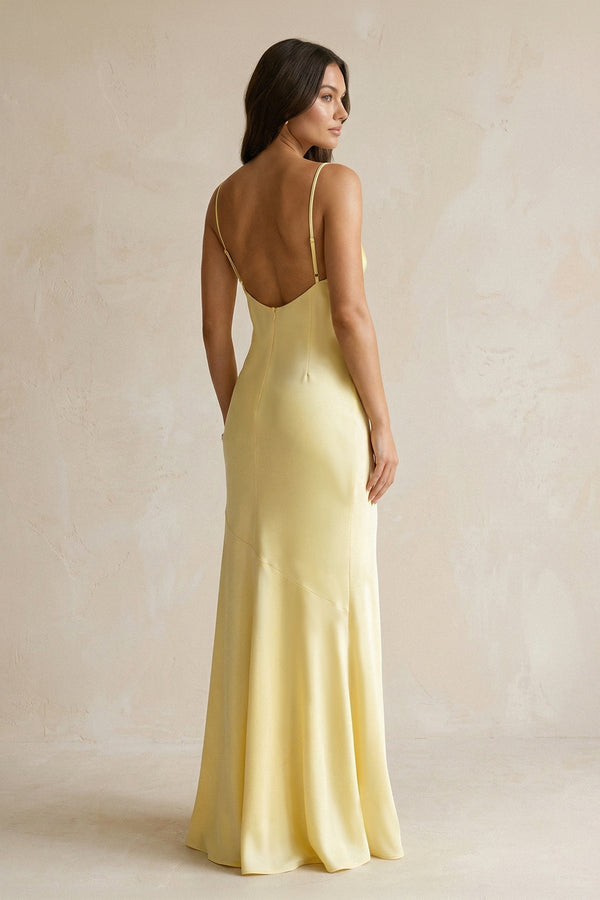 Cami Strap Sheath Satin Bridesmaid Dress With Slit in Pastel Yellow - SHE IS ME Bridesmaid Dresses