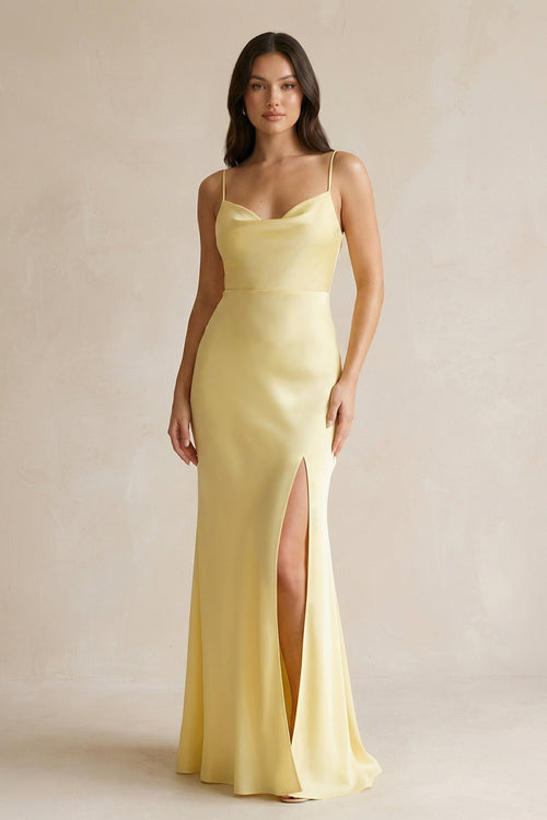 Cami Strap Sheath Satin Bridesmaid Dress With Slit in Pastel Yellow - SHE IS ME Bridesmaid Dresses