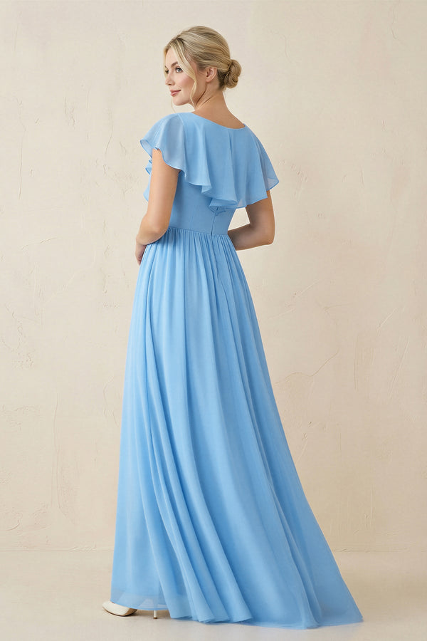 Cap Sleeve A-Line Ruffled Chiffon Bridesmaid Dress in Steel Blue - SHE IS ME BRIDESMAID DRESSES