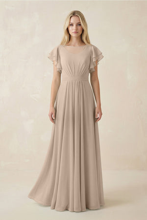 Cap Sleeve Ruffled A - Line Chiffon Bridesmaid Dress in Almond - SHE IS ME Bridesmaid Dresses