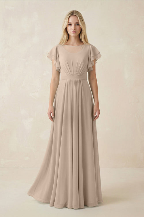 Cap Sleeve Ruffled A - Line Chiffon Bridesmaid Dress in Almond - SHE IS ME Bridesmaid Dresses