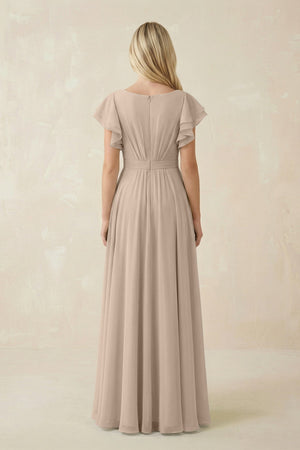 Cap Sleeve Ruffled A - Line Chiffon Bridesmaid Dress in Almond - SHE IS ME Bridesmaid Dresses