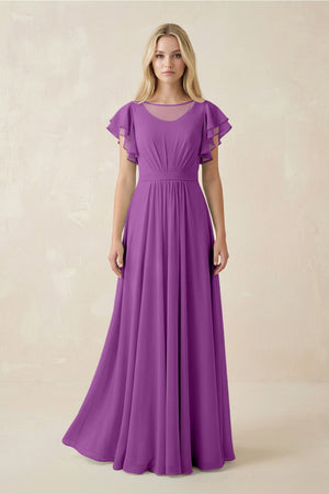 Cap Sleeve Ruffled A - Line Chiffon Bridesmaid Dress in Amethyst - SHE IS ME Bridesmaid Dresses