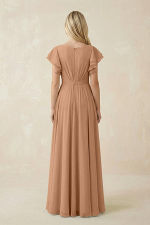 Cap Sleeve Ruffled A - Line Chiffon Bridesmaid Dress in Bronzer - SHE IS ME Bridesmaid Dresses