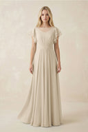 Cap Sleeve Ruffled A - Line Chiffon Bridesmaid Dress in Champagne - SHE IS ME Bridesmaid Dresses