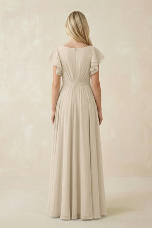 Cap Sleeve Ruffled A - Line Chiffon Bridesmaid Dress in Champagne - SHE IS ME Bridesmaid Dresses