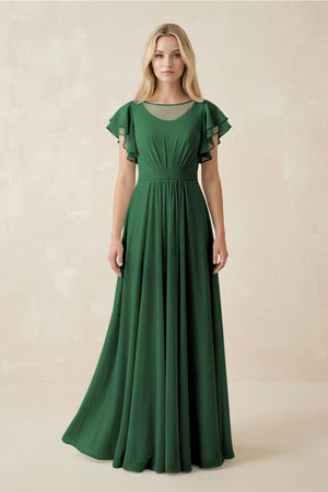 Cap Sleeve Ruffled A - Line Chiffon Bridesmaid Dress in Dark Green - SHE IS ME Bridesmaid Dresses