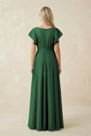 Cap Sleeve Ruffled A - Line Chiffon Bridesmaid Dress in Dark Green - SHE IS ME Bridesmaid Dresses