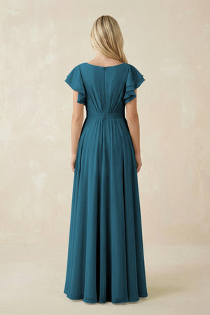 Cap Sleeve Ruffled A - Line Chiffon Bridesmaid Dress in Dark Teal - SHE IS ME Bridesmaid Dresses