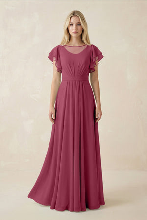 Cap Sleeve Ruffled A - Line Chiffon Bridesmaid Dress in Desert Rose - SHE IS ME Bridesmaid Dresses