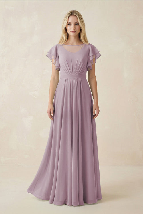 Cap Sleeve Ruffled A - Line Chiffon Bridesmaid Dress in Dusk - SHE IS ME Bridesmaid Dresses