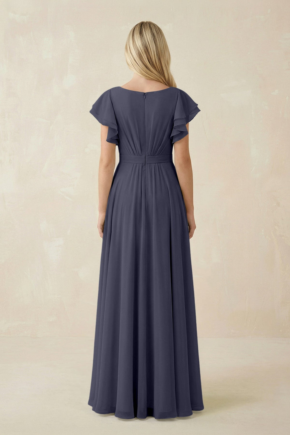 Cap Sleeve Ruffled A - Line Chiffon Bridesmaid Dress in Dusk Blue - SHE IS ME Bridesmaid Dresses