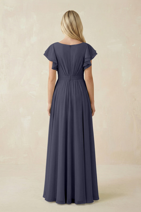 Cap Sleeve Ruffled A - Line Chiffon Bridesmaid Dress in Dusk Blue - SHE IS ME Bridesmaid Dresses