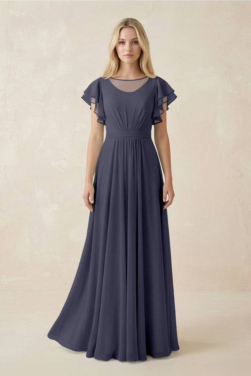 Cap Sleeve Ruffled A - Line Chiffon Bridesmaid Dress in Dusk Blue - SHE IS ME Bridesmaid Dresses