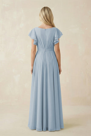 Cap Sleeve Ruffled A - Line Chiffon Bridesmaid Dress in Dusty Blue - SHE IS ME Bridesmaid Dresses