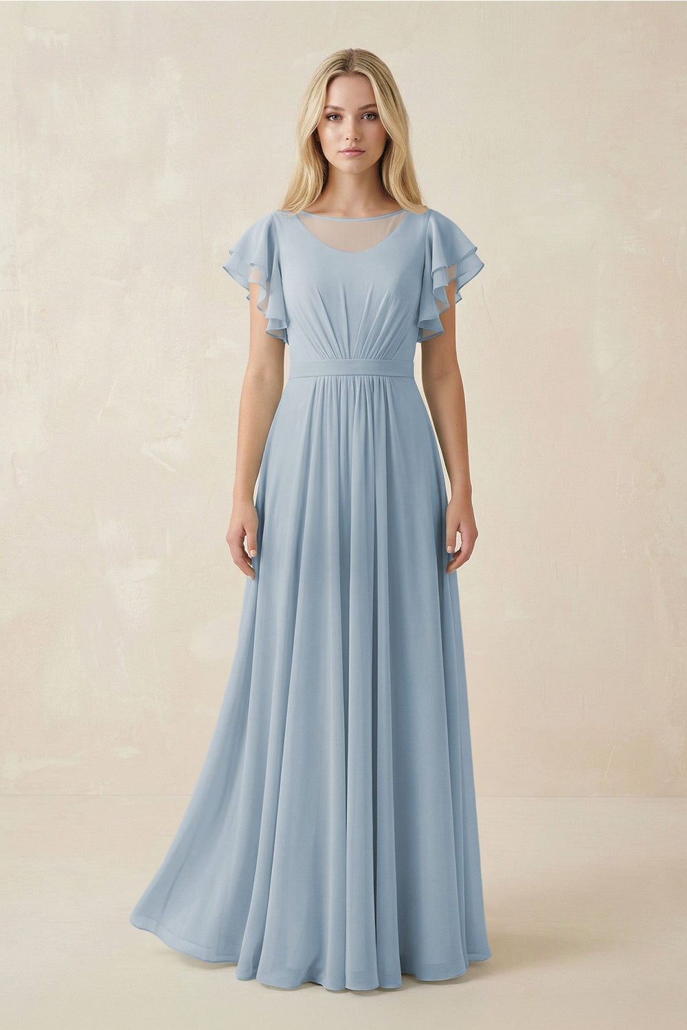 Cap Sleeve Ruffled A - Line Chiffon Bridesmaid Dress in Dusty Blue - SHE IS ME Bridesmaid Dresses