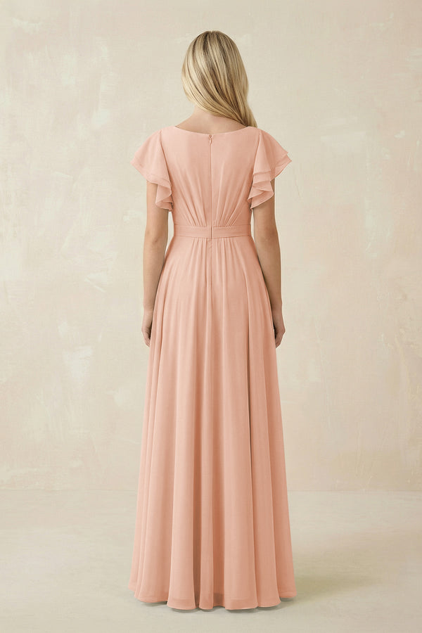 Cap Sleeve Ruffled A - Line Chiffon Bridesmaid Dress in English Rose - SHE IS ME Bridesmaid Dresses