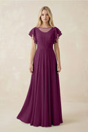 Cap Sleeve Ruffled A - Line Chiffon Bridesmaid Dress in Fig - SHE IS ME Bridesmaid Dresses