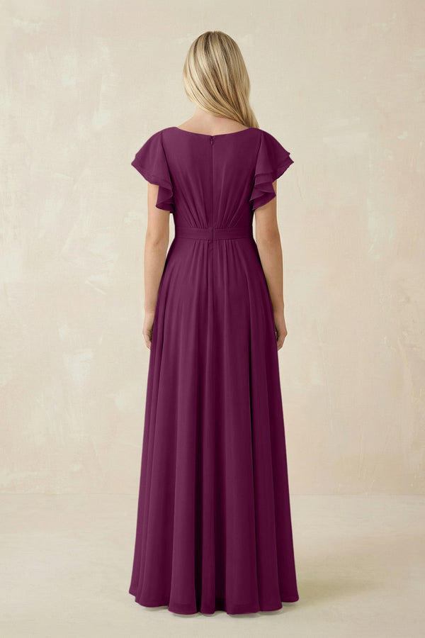 Cap Sleeve Ruffled A - Line Chiffon Bridesmaid Dress in Fig - SHE IS ME Bridesmaid Dresses