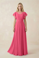Cap Sleeve Ruffled A - Line Chiffon Bridesmaid Dress in Fuchsia - SHE IS ME Bridesmaid Dresses