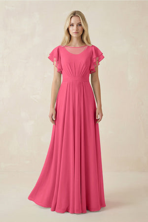 Cap Sleeve Ruffled A - Line Chiffon Bridesmaid Dress in Fuchsia - SHE IS ME Bridesmaid Dresses