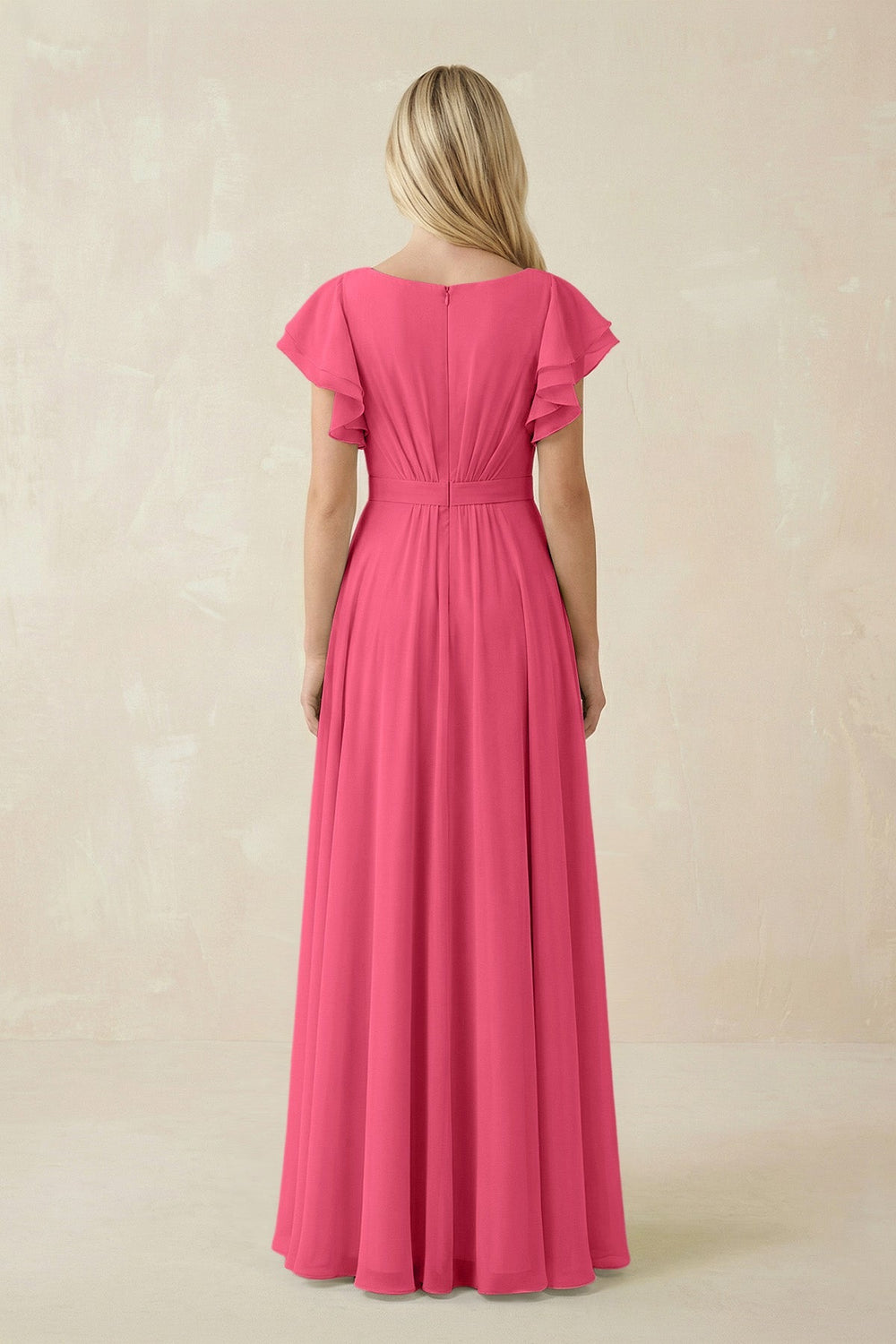 Cap Sleeve Ruffled A - Line Chiffon Bridesmaid Dress in Fuchsia - SHE IS ME Bridesmaid Dresses