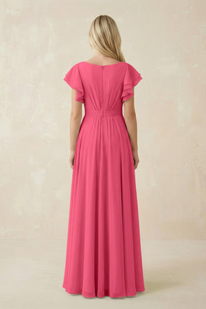 Cap Sleeve Ruffled A - Line Chiffon Bridesmaid Dress in Fuchsia - SHE IS ME Bridesmaid Dresses