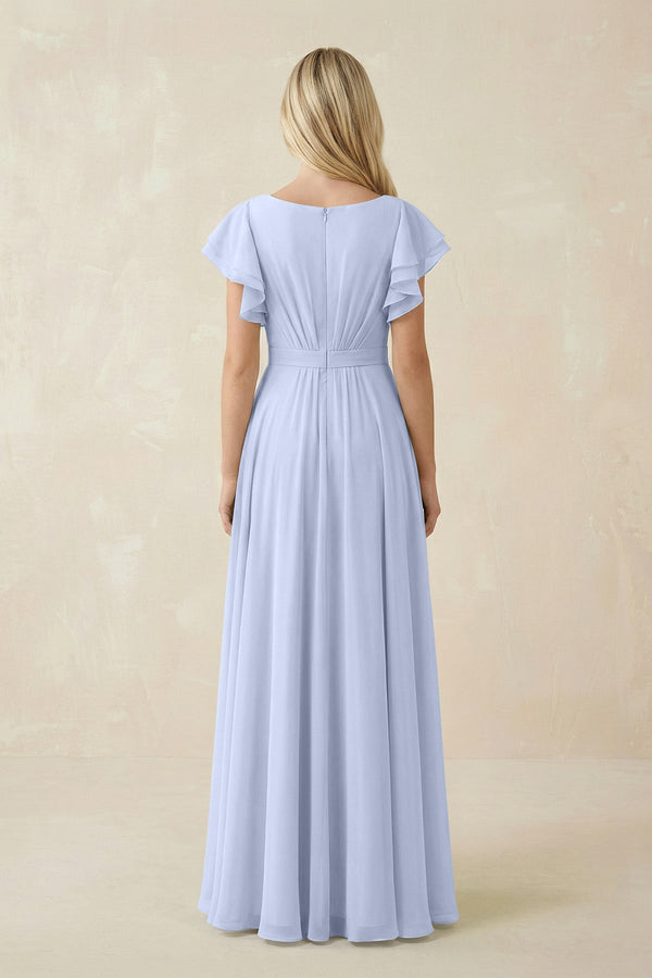 Cap Sleeve Ruffled A - Line Chiffon Bridesmaid Dress in Ice - SHE IS ME Bridesmaid Dresses