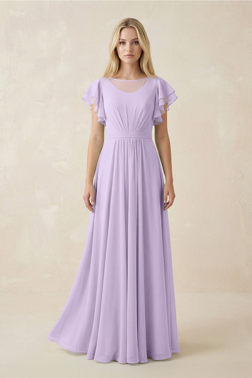 Cap Sleeve Ruffled A - Line Chiffon Bridesmaid Dress in Lavender - SHE IS ME Bridesmaid Dresses