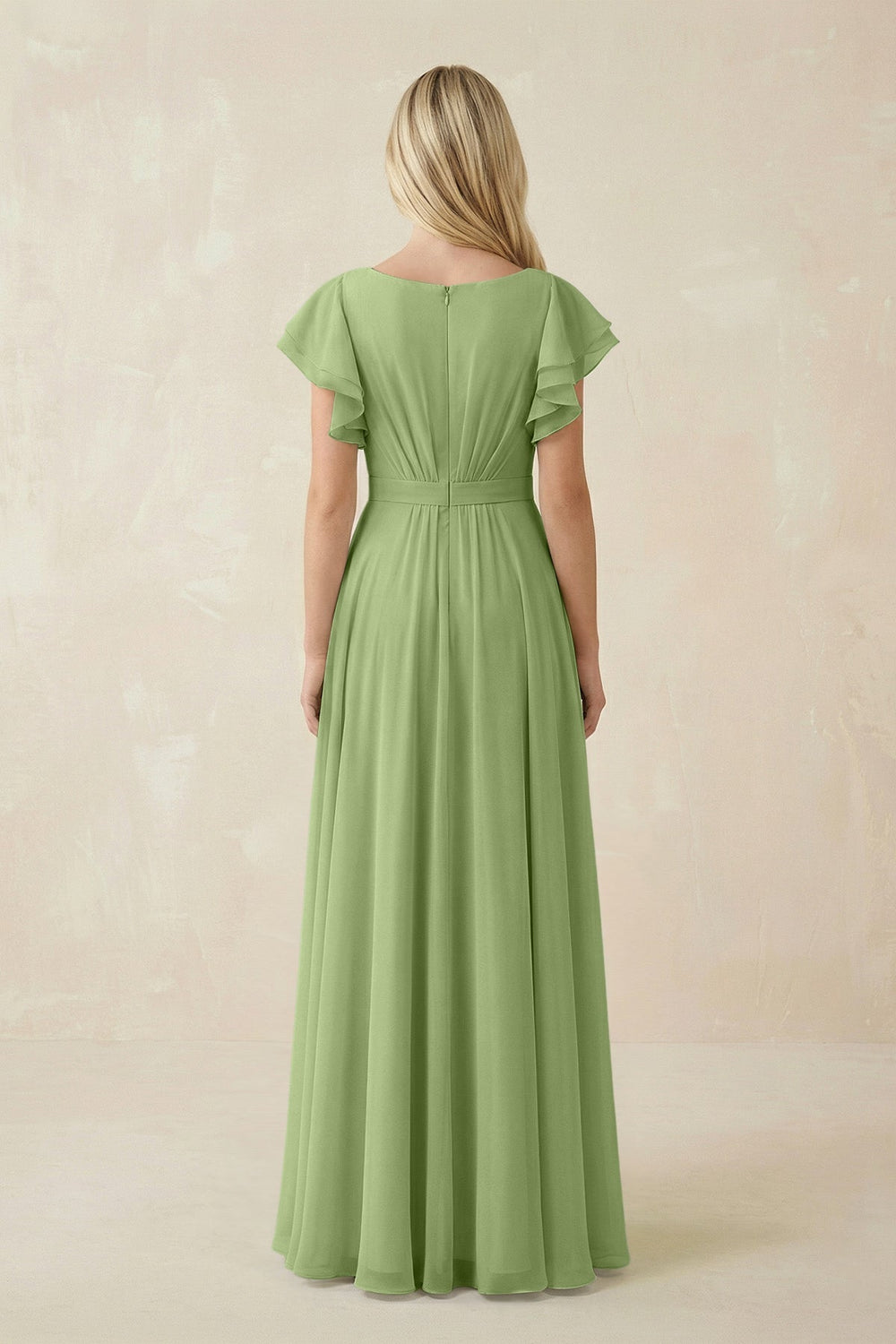 Cap Sleeve Ruffled A - Line Chiffon Bridesmaid Dress in Matcha - SHE IS ME Bridesmaid Dresses