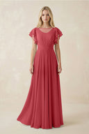Cap Sleeve Ruffled A - Line Chiffon Bridesmaid Dress in Merlot - SHE IS ME Bridesmaid Dresses
