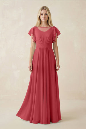 Cap Sleeve Ruffled A - Line Chiffon Bridesmaid Dress in Merlot - SHE IS ME Bridesmaid Dresses