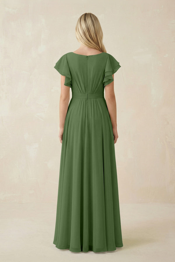 Cap Sleeve Ruffled A - Line Chiffon Bridesmaid Dress in Moss - SHE IS ME Bridesmaid Dresses