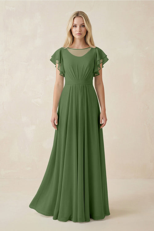 Cap Sleeve Ruffled A - Line Chiffon Bridesmaid Dress in Moss - SHE IS ME Bridesmaid Dresses