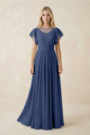 Cap Sleeve Ruffled A - Line Chiffon Bridesmaid Dress in Navy - SHE IS ME Bridesmaid Dresses