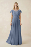 Cap Sleeve Ruffled A - Line Chiffon Bridesmaid Dress in Neptune - SHE IS ME Bridesmaid Dresses