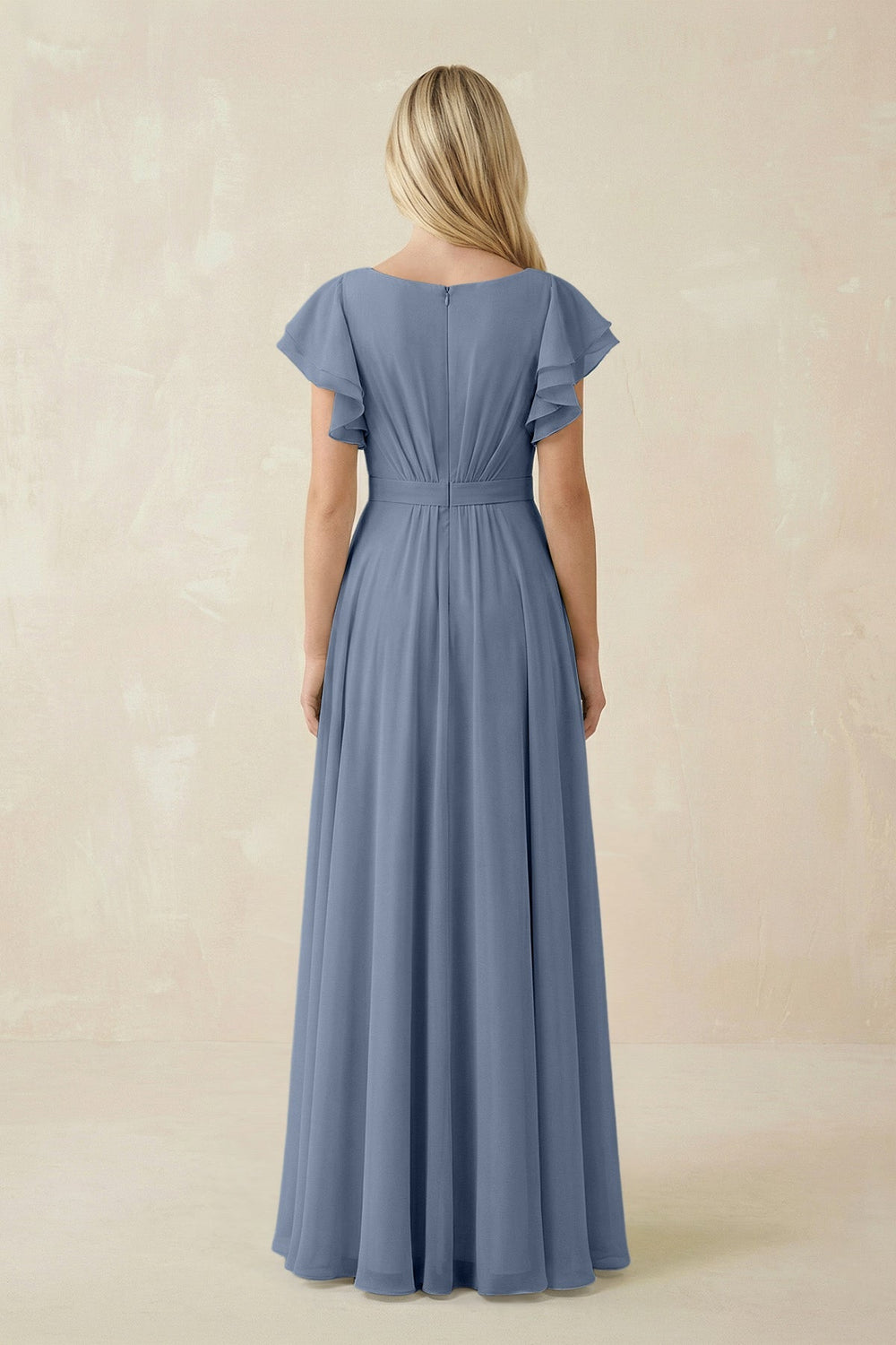 Cap Sleeve Ruffled A - Line Chiffon Bridesmaid Dress in Neptune - SHE IS ME Bridesmaid Dresses