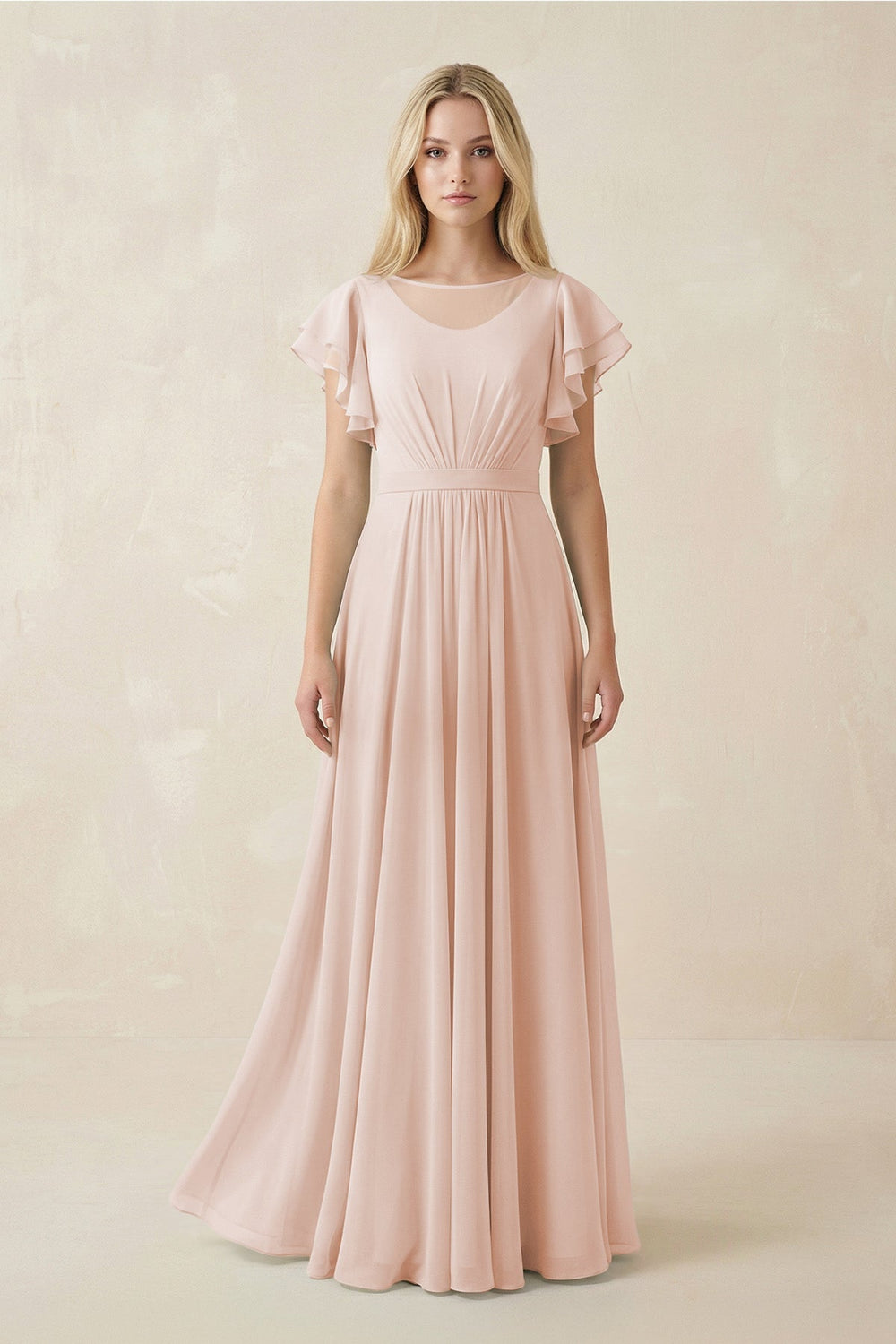 Cap Sleeve Ruffled A - Line Chiffon Bridesmaid Dress in Pale Blush - SHE IS ME Bridesmaid Dresses