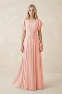 Cap Sleeve Ruffled A - Line Chiffon Bridesmaid Dress in Rose Petal - SHE IS ME Bridesmaid Dresses