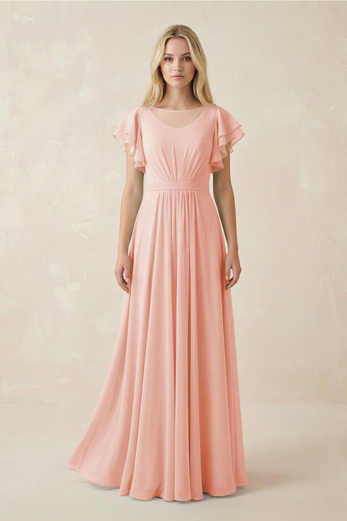 Cap Sleeve Ruffled A - Line Chiffon Bridesmaid Dress in Rose Petal - SHE IS ME Bridesmaid Dresses