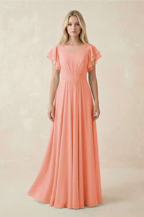 Cap Sleeve Ruffled A - Line Chiffon Bridesmaid Dress in Rosette - SHE IS ME Bridesmaid Dresses
