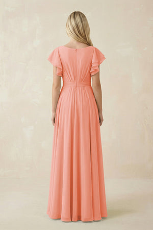 Cap Sleeve Ruffled A - Line Chiffon Bridesmaid Dress in Rosette - SHE IS ME Bridesmaid Dresses