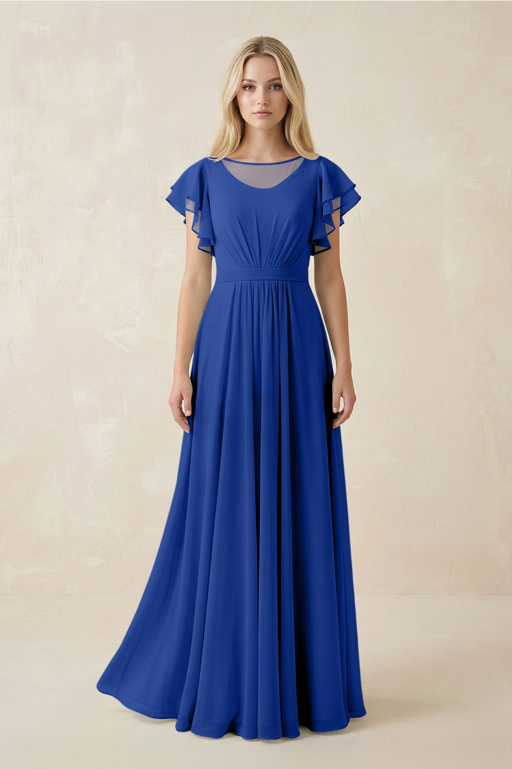 Cap Sleeve Ruffled A - Line Chiffon Bridesmaid Dress in Royal Blue - SHE IS ME Bridesmaid Dresses