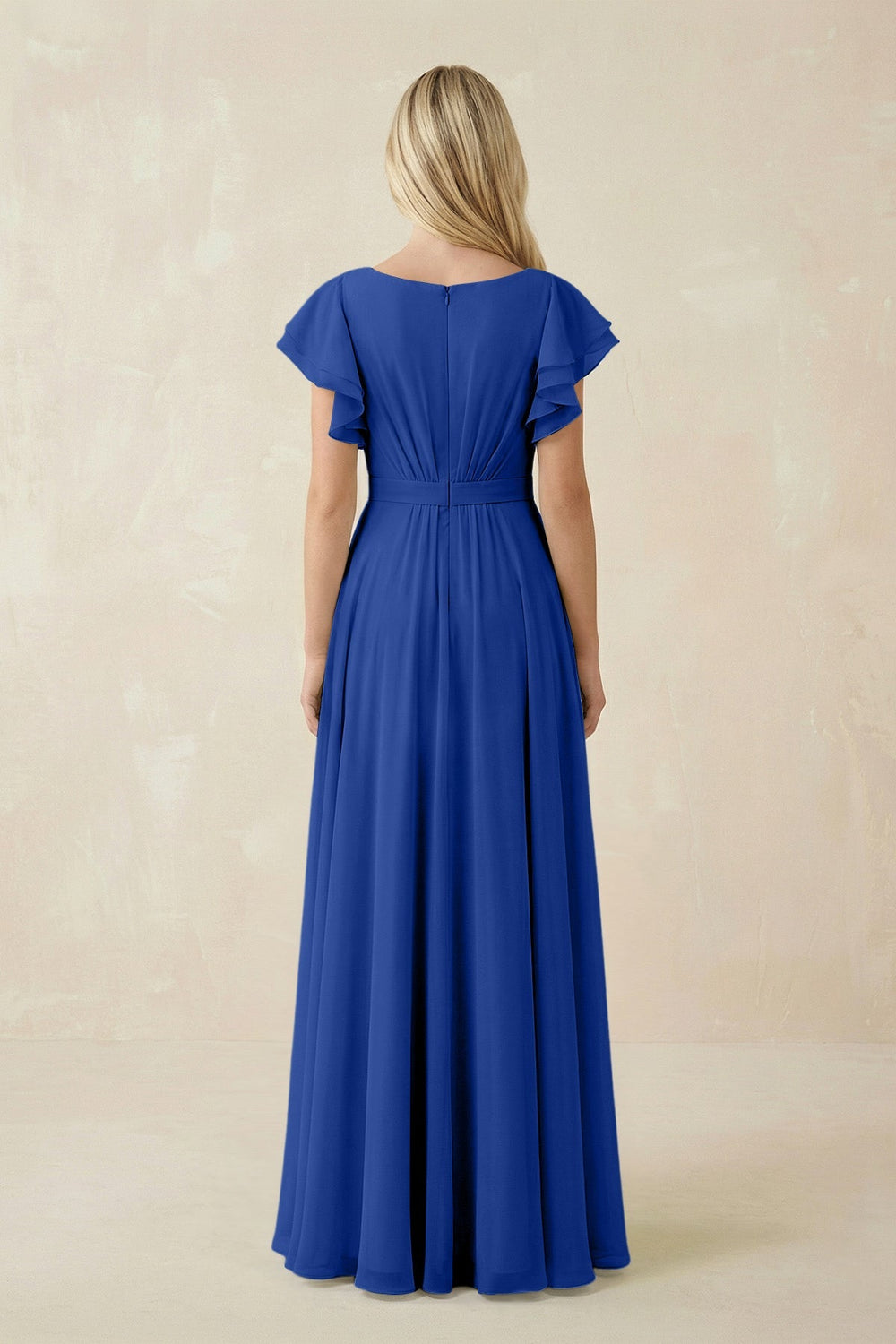 Cap Sleeve Ruffled A - Line Chiffon Bridesmaid Dress in Royal Blue - SHE IS ME Bridesmaid Dresses