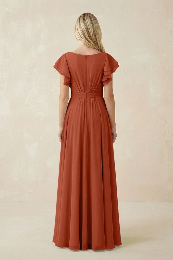 Cap Sleeve Ruffled A - Line Chiffon Bridesmaid Dress in Spice - SHE IS ME Bridesmaid Dresses