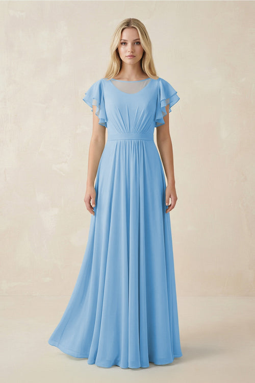 Cap Sleeve Ruffled A - Line Chiffon Bridesmaid Dress in Steel Blue - SHE IS ME Bridesmaid Dresses