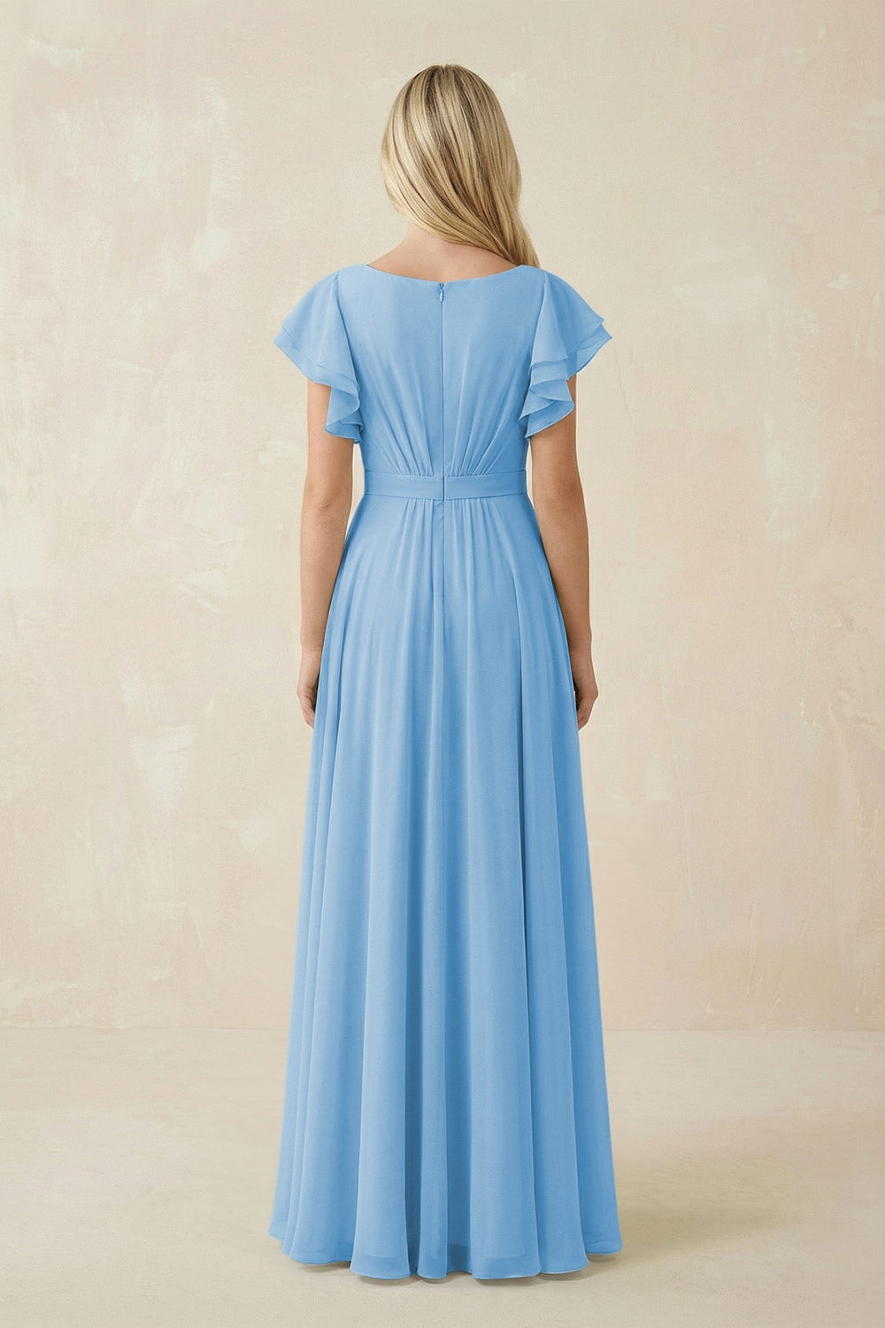 Cap Sleeve Ruffled A - Line Chiffon Bridesmaid Dress in Steel Blue - SHE IS ME Bridesmaid Dresses