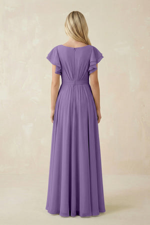 Cap Sleeve Ruffled A - Line Chiffon Bridesmaid Dress in Tahiti - SHE IS ME Bridesmaid Dresses