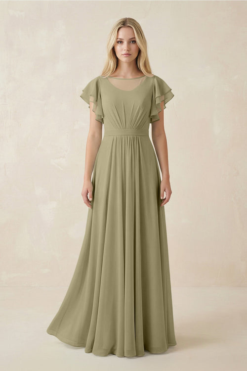 Cap Sleeve Ruffled A - Line Chiffon Bridesmaid Dress in Thyme - SHE IS ME Bridesmaid Dresses